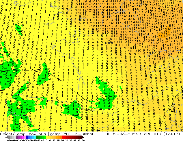 Height/Temp. 850 hPa UK-Global Do 02.05.2024 00 UTC