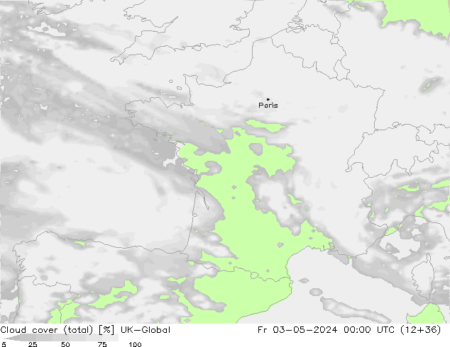 Cloud cover (total) UK-Global Pá 03.05.2024 00 UTC