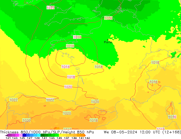 Dikte 850-1000 hPa UK-Global wo 08.05.2024 12 UTC