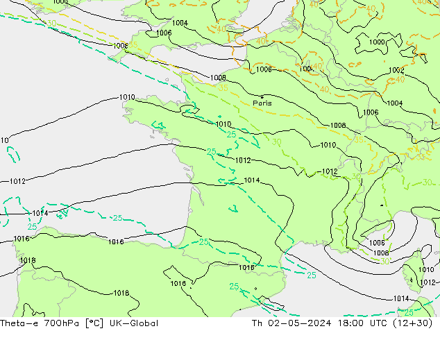 Theta-e 700hPa UK-Global Per 02.05.2024 18 UTC