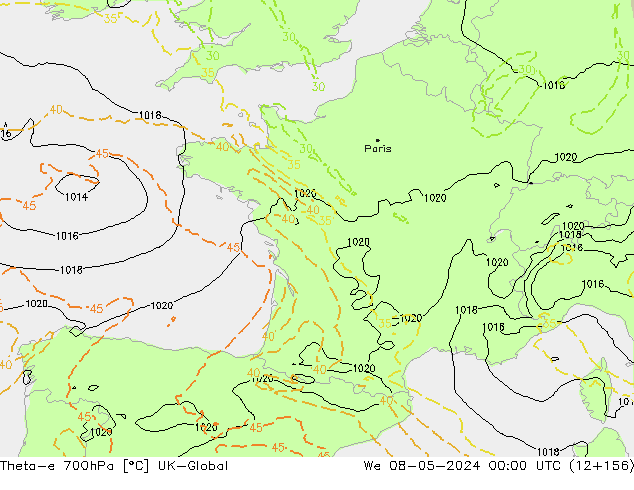 Theta-e 700hPa UK-Global Qua 08.05.2024 00 UTC