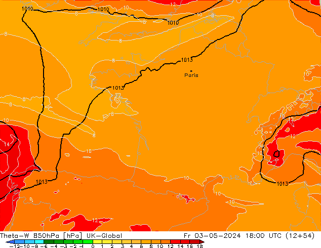 Theta-W 850гПа UK-Global пт 03.05.2024 18 UTC