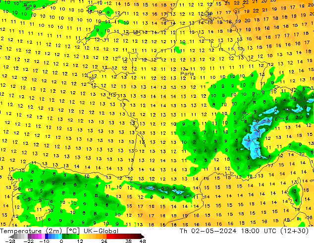 Temperatura (2m) UK-Global gio 02.05.2024 18 UTC