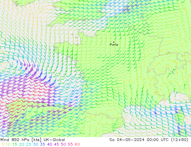 Vento 850 hPa UK-Global sab 04.05.2024 00 UTC