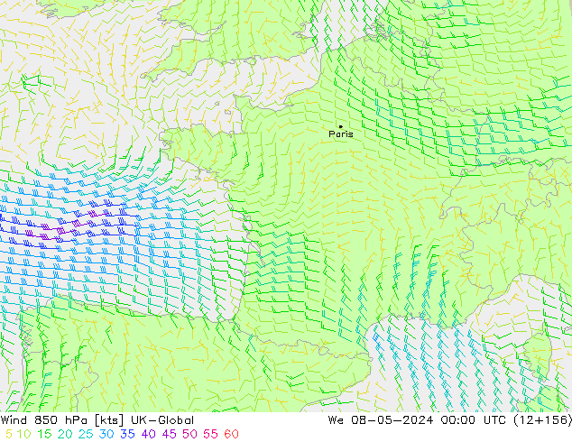 wiatr 850 hPa UK-Global śro. 08.05.2024 00 UTC