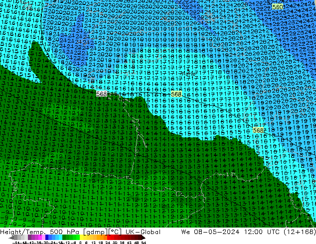 Geop./Temp. 500 hPa UK-Global mié 08.05.2024 12 UTC