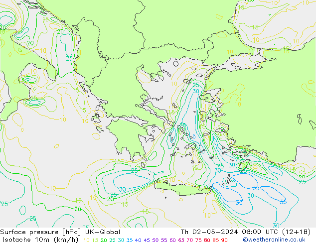 Isotachs (kph) UK-Global чт 02.05.2024 06 UTC