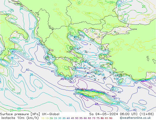 Isotachs (kph) UK-Global sab 04.05.2024 06 UTC