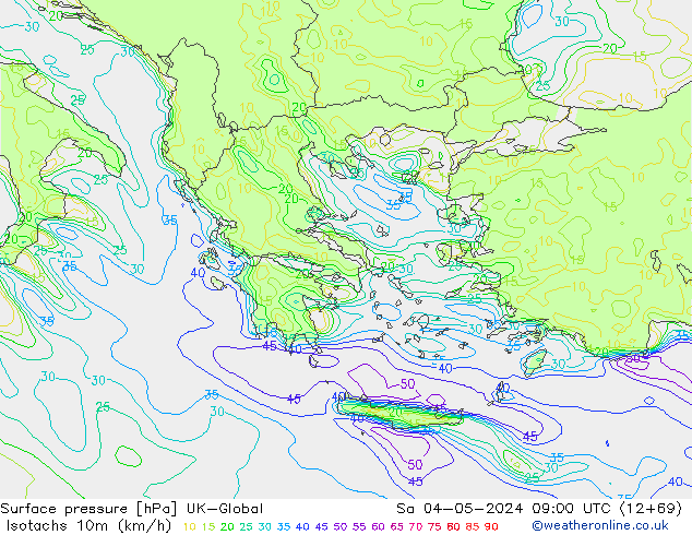 Isotachs (kph) UK-Global Sa 04.05.2024 09 UTC