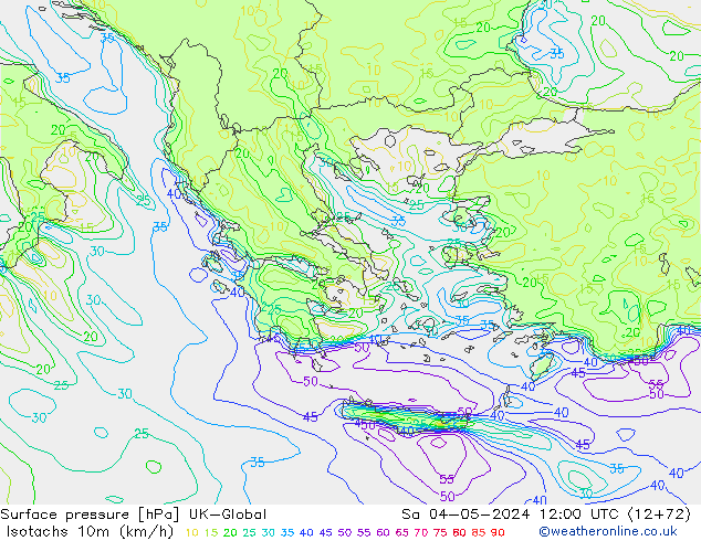 Isotachs (kph) UK-Global Sa 04.05.2024 12 UTC