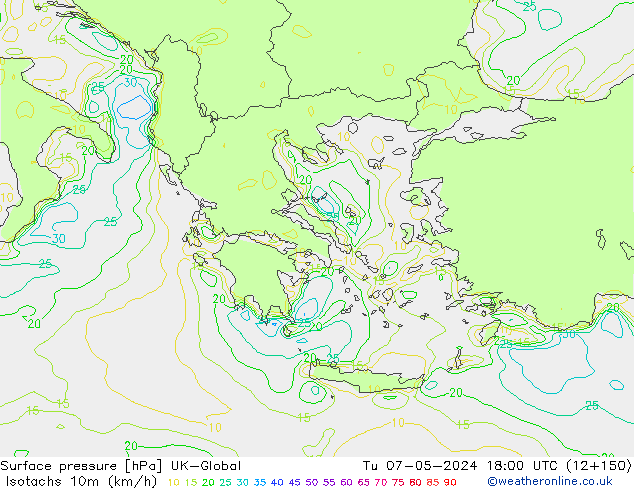 Isotachs (kph) UK-Global Tu 07.05.2024 18 UTC