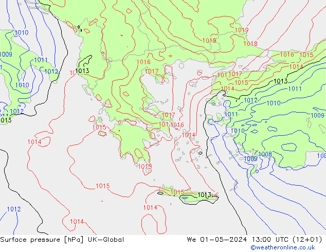 Pressione al suolo UK-Global mer 01.05.2024 13 UTC