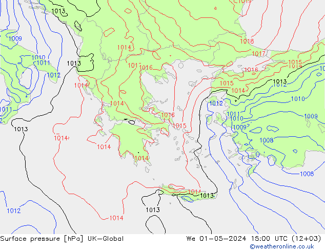 Pressione al suolo UK-Global mer 01.05.2024 15 UTC