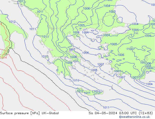 Pressione al suolo UK-Global sab 04.05.2024 03 UTC