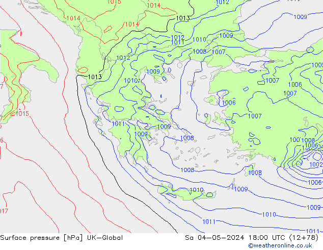 Pressione al suolo UK-Global sab 04.05.2024 18 UTC