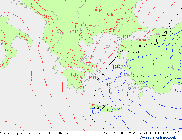 Pressione al suolo UK-Global dom 05.05.2024 06 UTC