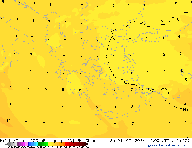 Height/Temp. 850 гПа UK-Global сб 04.05.2024 18 UTC