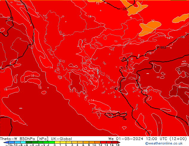 Theta-W 850hPa UK-Global We 01.05.2024 12 UTC