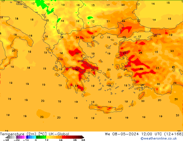 Temperaturkarte (2m) UK-Global Mi 08.05.2024 12 UTC