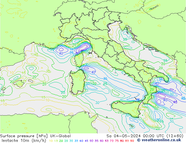 Isotachs (kph) UK-Global Sa 04.05.2024 00 UTC