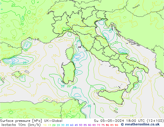 Isotachs (kph) UK-Global Su 05.05.2024 18 UTC