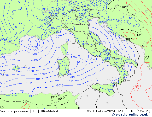 Presión superficial UK-Global mié 01.05.2024 13 UTC