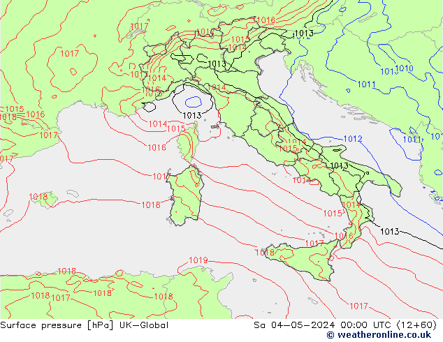 Pressione al suolo UK-Global sab 04.05.2024 00 UTC