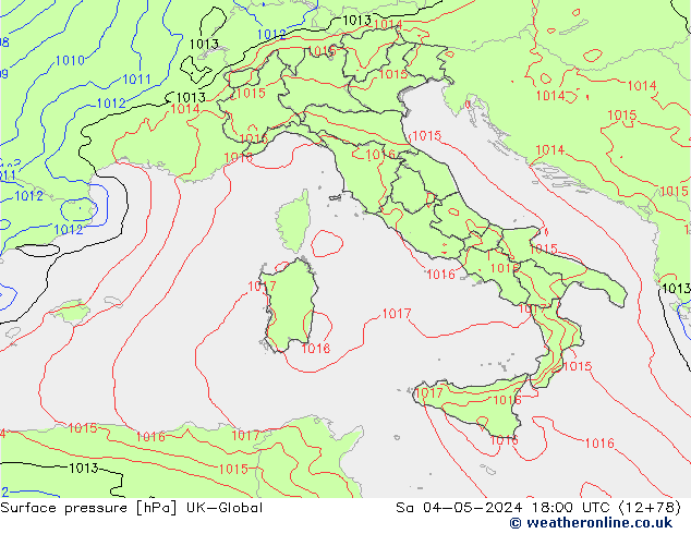 Pressione al suolo UK-Global sab 04.05.2024 18 UTC