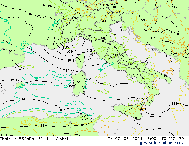 Theta-e 850hPa UK-Global do 02.05.2024 18 UTC