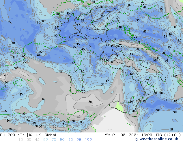 RH 700 hPa UK-Global Qua 01.05.2024 13 UTC