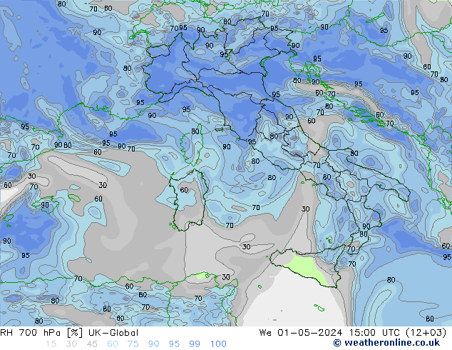 RH 700 hPa UK-Global St 01.05.2024 15 UTC