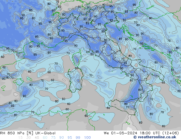 RH 850 hPa UK-Global St 01.05.2024 18 UTC