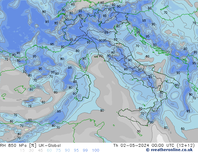 RH 850 hPa UK-Global  02.05.2024 00 UTC