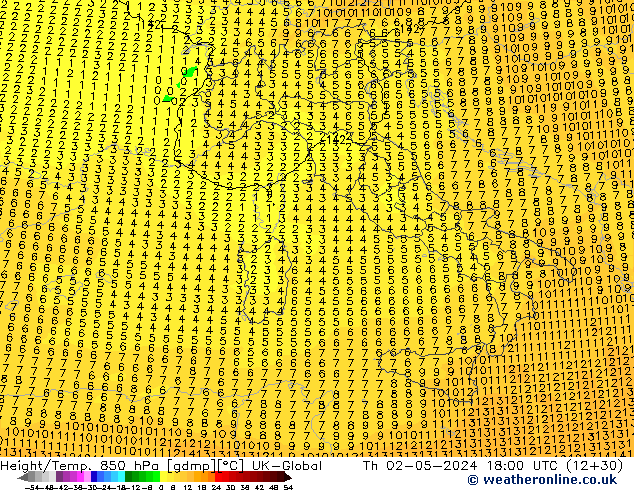 Hoogte/Temp. 850 hPa UK-Global do 02.05.2024 18 UTC