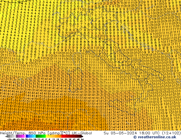 Géop./Temp. 850 hPa UK-Global dim 05.05.2024 18 UTC