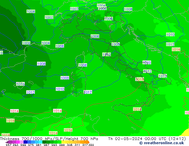 Thck 700-1000 hPa UK-Global czw. 02.05.2024 00 UTC