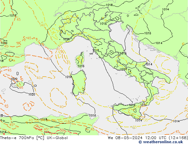 Theta-e 700hPa UK-Global We 08.05.2024 12 UTC