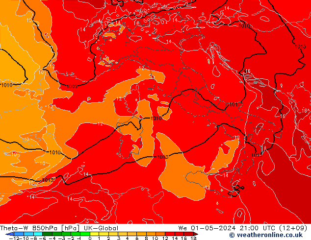 Theta-W 850hPa UK-Global Mi 01.05.2024 21 UTC