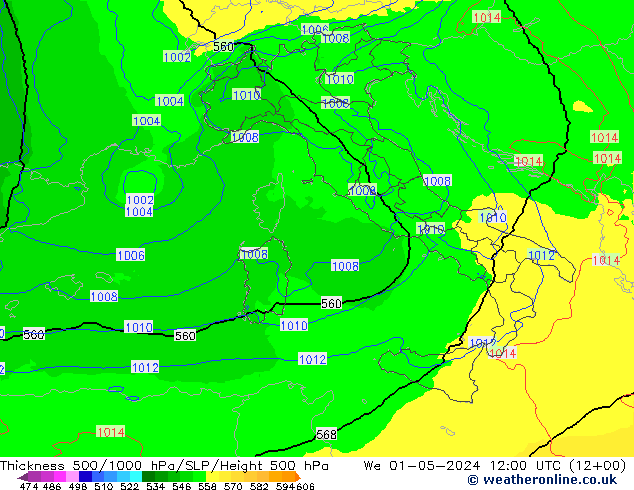 Thck 500-1000hPa UK-Global We 01.05.2024 12 UTC