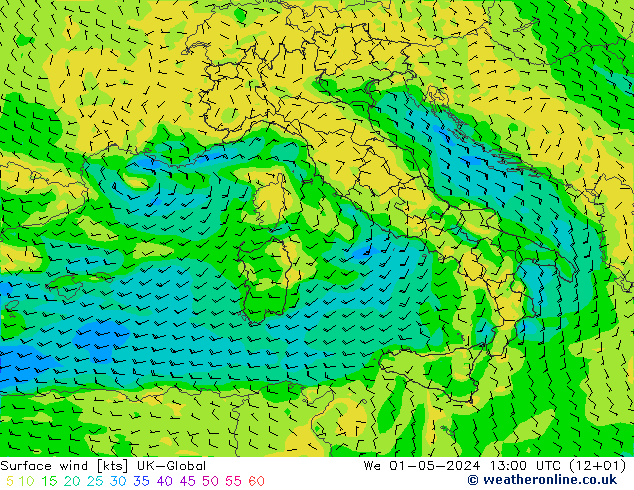 wiatr 10 m UK-Global śro. 01.05.2024 13 UTC