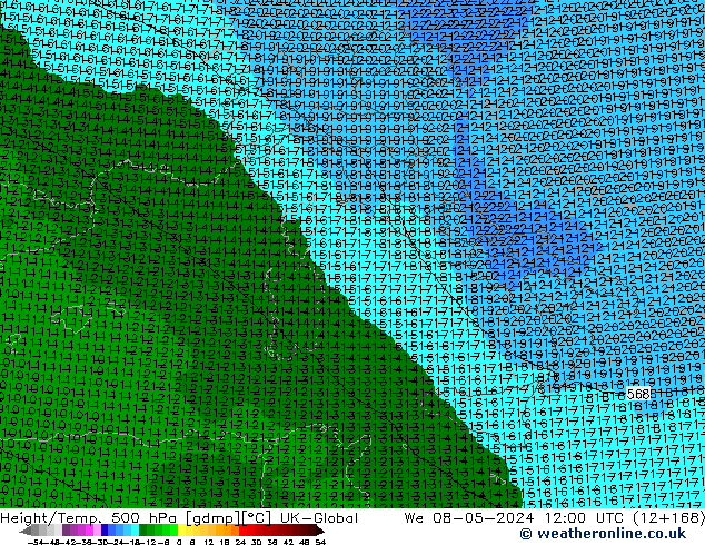 Height/Temp. 500 hPa UK-Global mer 08.05.2024 12 UTC