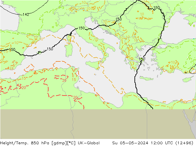 Yükseklik/Sıc. 850 hPa UK-Global Paz 05.05.2024 12 UTC