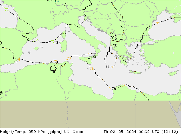 Height/Temp. 950 гПа UK-Global чт 02.05.2024 00 UTC