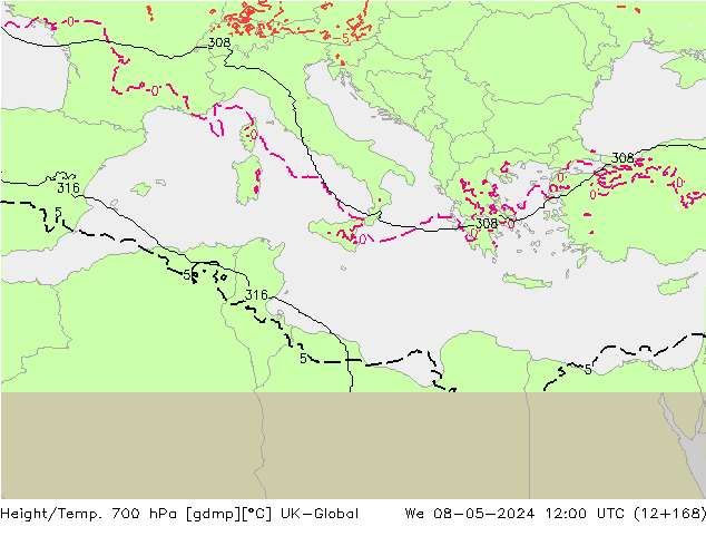 Height/Temp. 700 hPa UK-Global We 08.05.2024 12 UTC