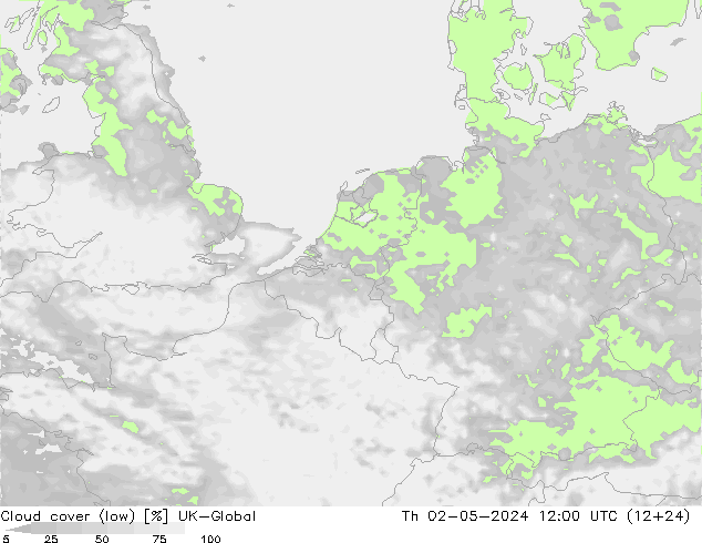 Cloud cover (low) UK-Global Th 02.05.2024 12 UTC