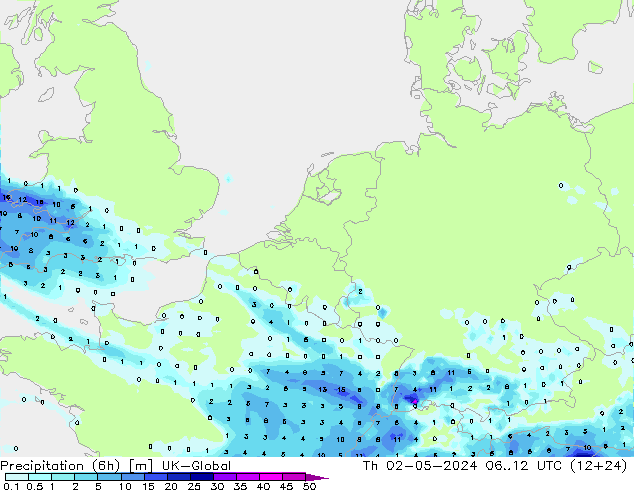 Precipitation (6h) UK-Global Th 02.05.2024 12 UTC