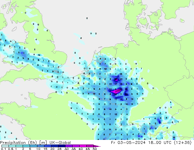 Totale neerslag (6h) UK-Global vr 03.05.2024 00 UTC