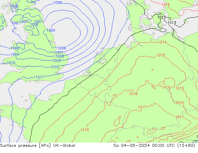 Pressione al suolo UK-Global sab 04.05.2024 00 UTC