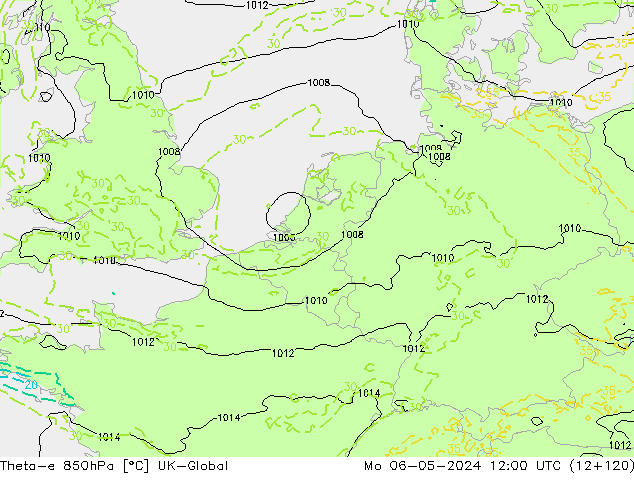 Theta-e 850hPa UK-Global pon. 06.05.2024 12 UTC