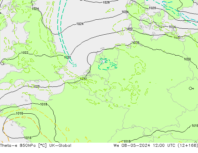 Theta-e 850hPa UK-Global Mi 08.05.2024 12 UTC